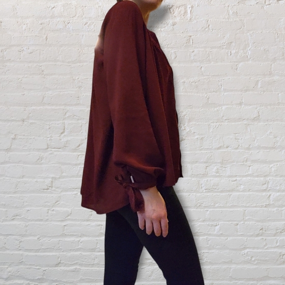 Abercrombie & Fitch Burgundy Tie Sleeve Button Blouse Top - Picture 4 of 7